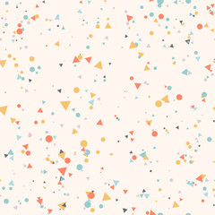 Abstract seamless pattern with colorful blue, gray, yellow, orange chaotic small circles and triangles on beige. Infinity geometric pattern. Vector illustration.  