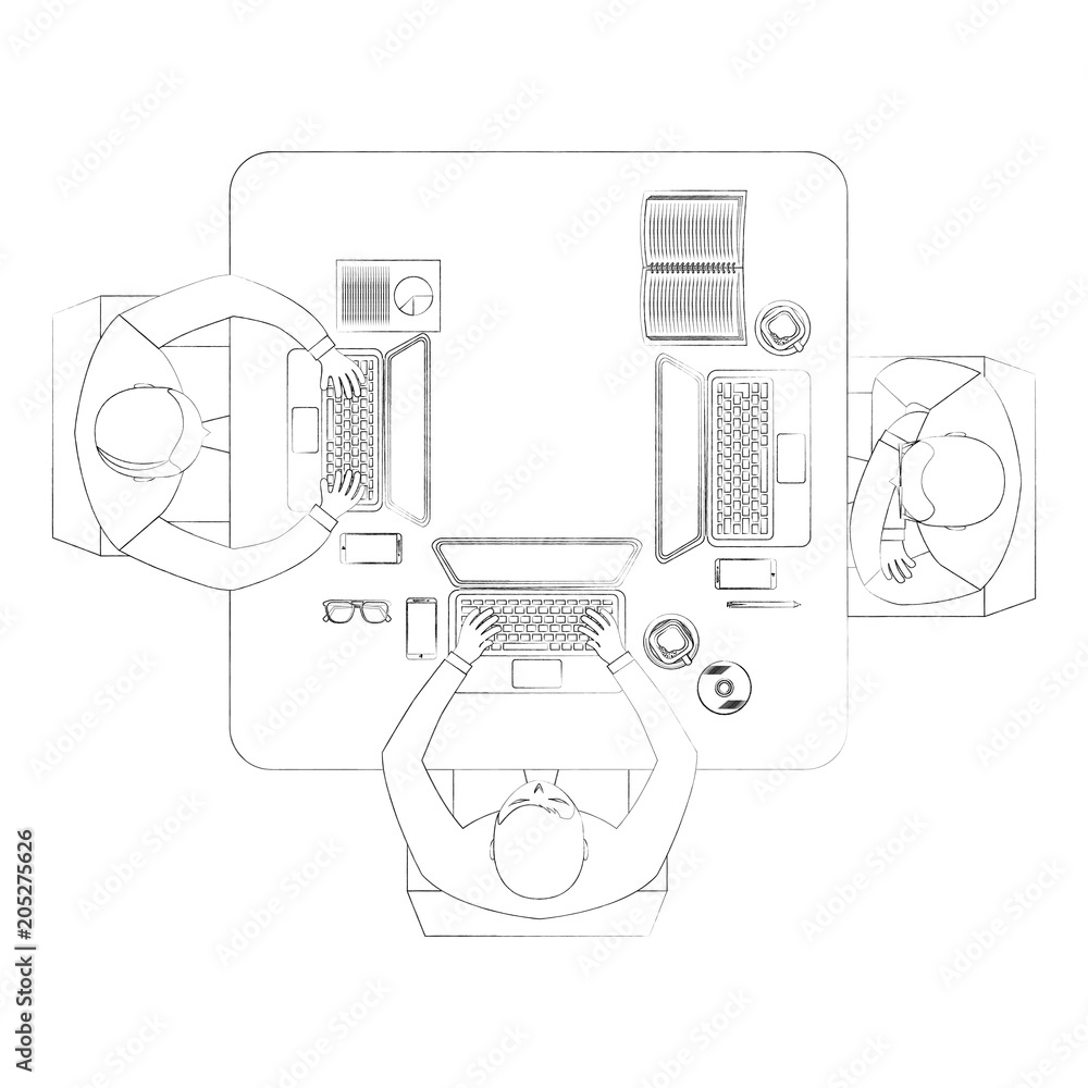 Poster aerial view of teamwork working with laptops vector illustration design