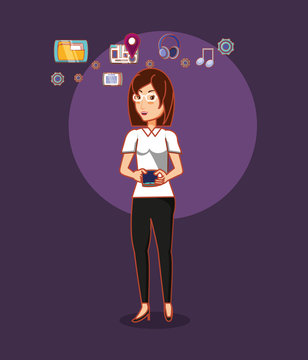 cartoon woman with social media related icons over purple background, colorful design. vector illustration