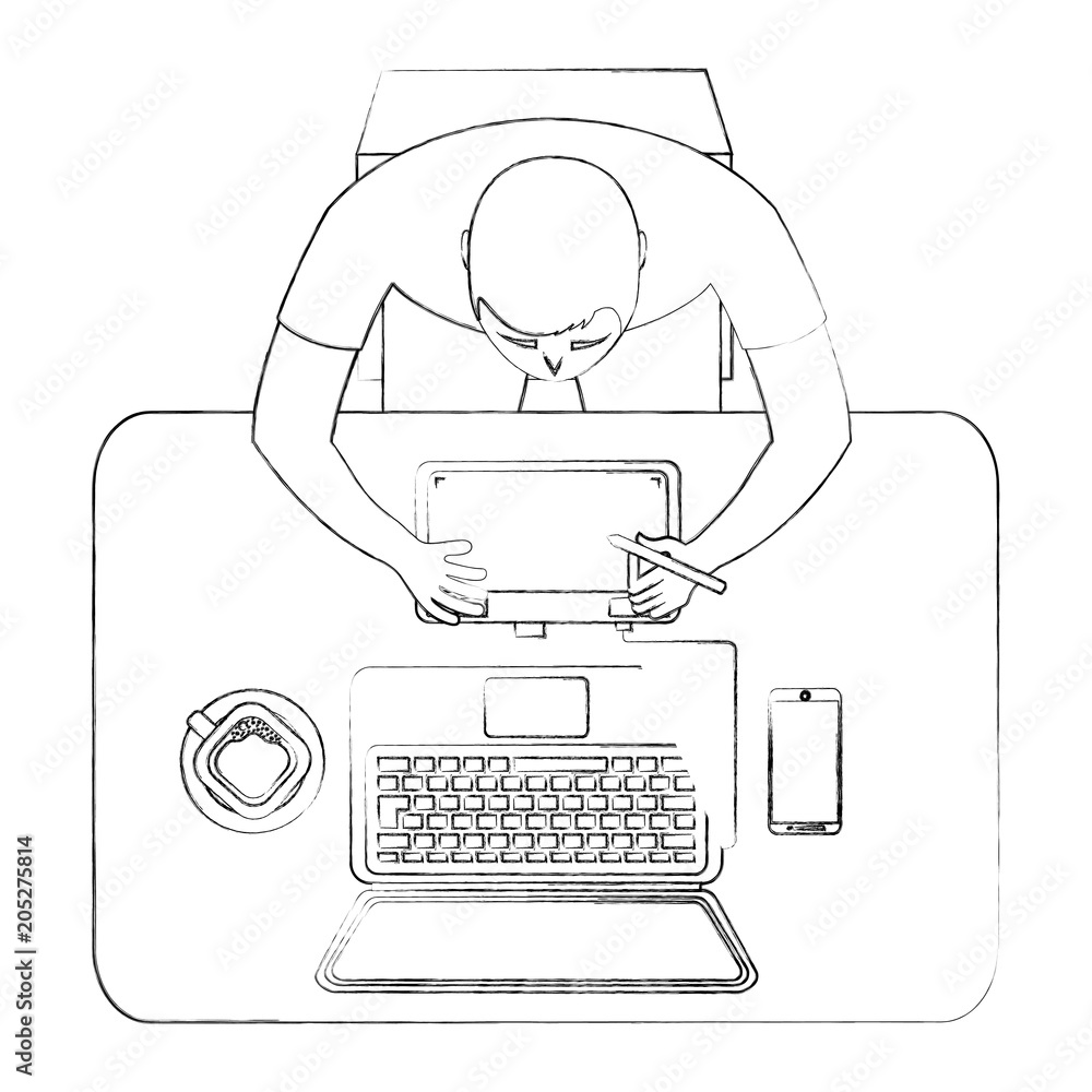 Aufkleber aerial view of graphic designer working with computer vector illustration design