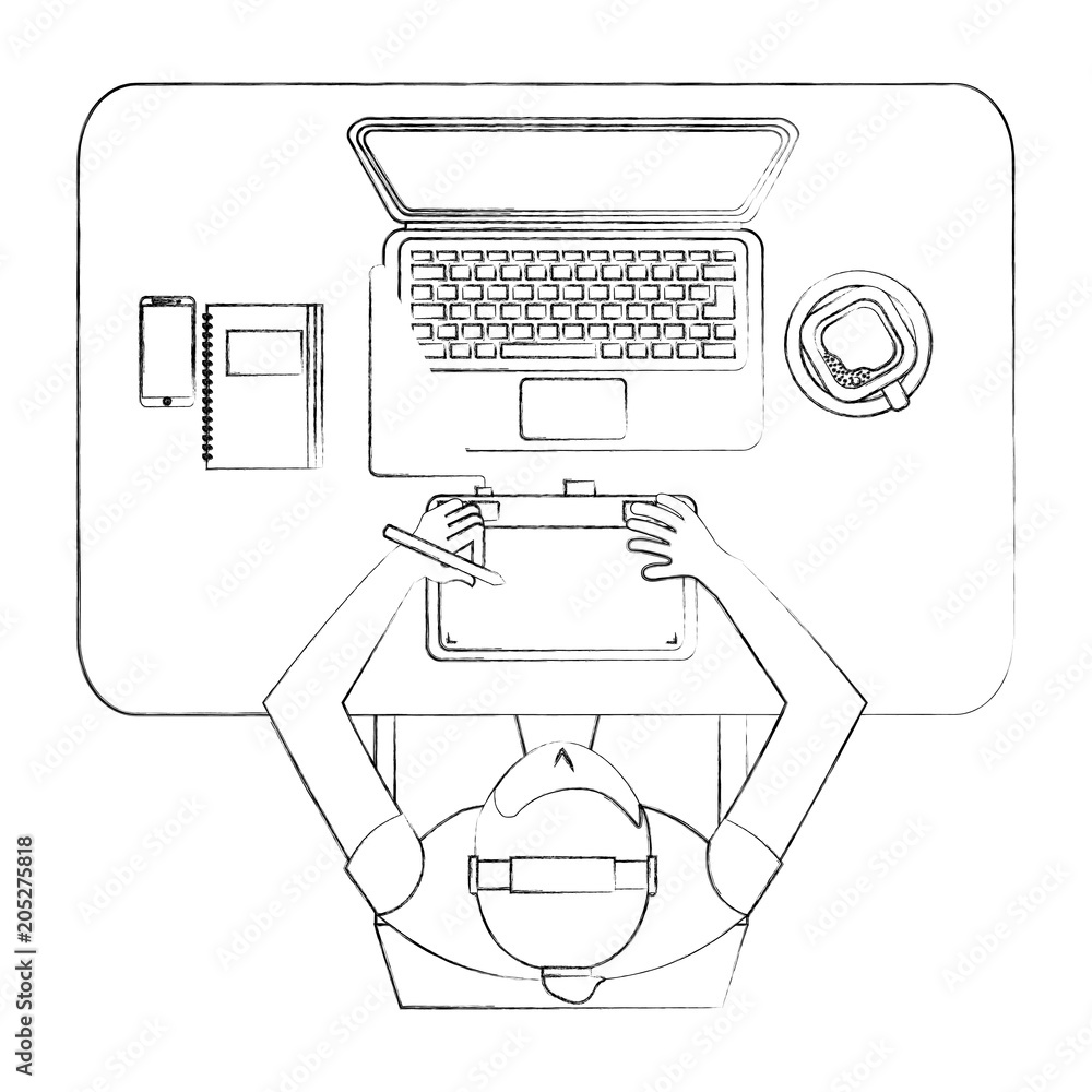 Poster aerial view of graphic designer working with computer vector illustration design