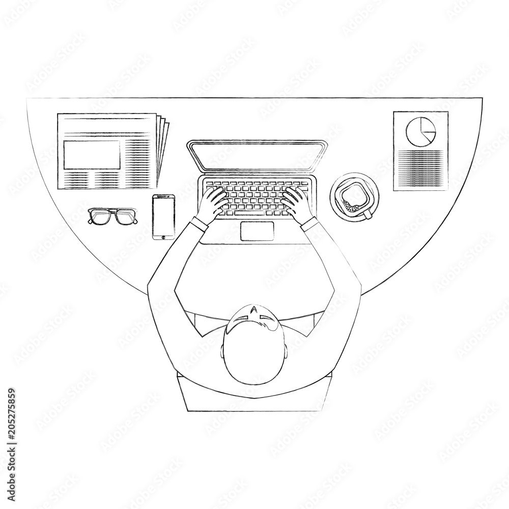 Poster aerial view of man working with computer vector illustration design