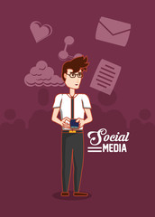 Fototapeta na wymiar cartoon businessman standing with social media related icons over purple background, colorful design. vector illustration