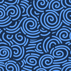 Abstract blue hand drawn doodle thin line wavy seamless pattern. Curly linear sky or sea messy background. Vector illustration.