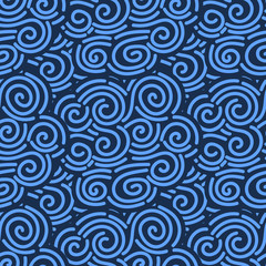 Fototapeta na wymiar Abstract blue hand drawn doodle thin line wavy seamless pattern. Curly linear sky or sea messy background. Vector illustration.