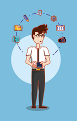 cartoon businessman standing with social media related icons over blue background, colorful design. vector illustration