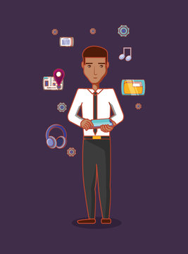 cartoon businessman standing with social media related icons over purple background, colorful design. vector illustration