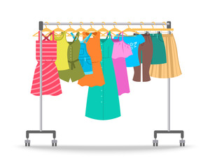 Women summer casual clothes on hanger rack. Flat style vector illustration. Female apparel hanging on shop rolling display stand. New fashion outfit collection. Seasonal sale concept