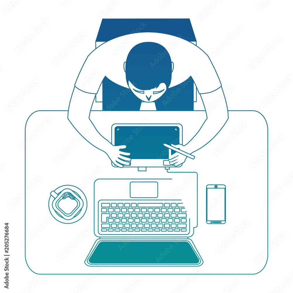 Poster aerial view of graphic designer working with computer vector illustration design