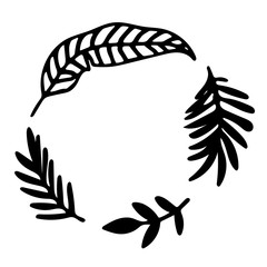 Hand drawn thin line wreath with palm, olive leaves and branches. Vector illustration.
