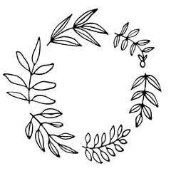 Hand drawn thin line wreath with leaves and branches. Vector illustration.