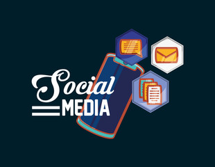 social media design with smartphone and related icons over black background, colorful design. vector illustration