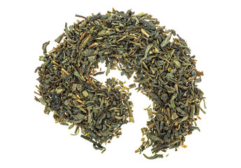 Heap of Chinese green tea, white background.