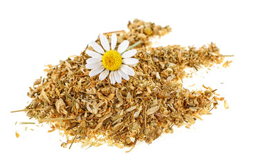 Dried and fresh chamomile flowers isolated on white background