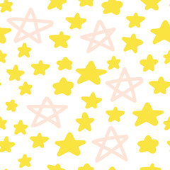 Cute seamless pattern with hand drawn stars on white background. Doodle sky background. Vector illustration.