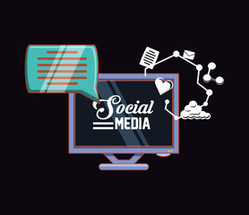 social media design with computer and speech bubble over black background, colorful design. vector illustration
