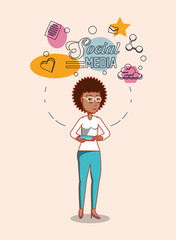 social media design with cartoon woman and  related icons over pink background, colorful design. vector illustration