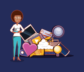 cartoon woman with social media related icons over blue background, colorful design. vector illustration