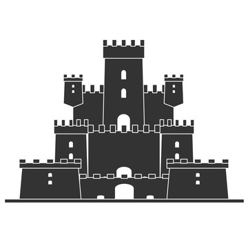 Old fairytale Medieval castle on the hill isolated on white. Tower building, architecture ancient history. Flat vector illustration