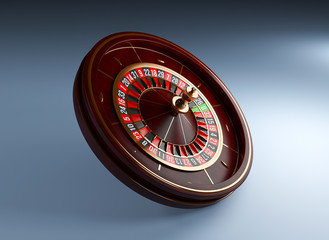 Luxury Casino roulette wheel on blue background. Wooden Casino roulette 3d rendering illustration