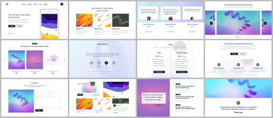 Vector templates for website design, minimal presentations, portfolio with geometric colorful patterns, gradients, fluid shapes. UI, UX, GUI. Design of headers, dashboard, features page, blog etc