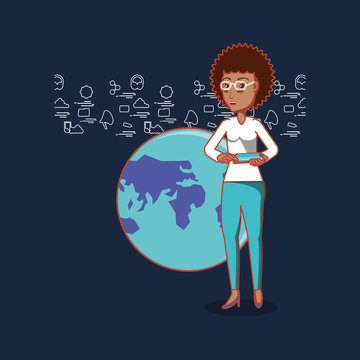 cartoon woman with arth planet and social media related icons over background, colorful design. vector illustration
