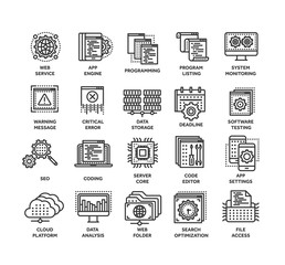 Seo and app development. Search engine optimization. Internet, e-commerce.Thin line black web icon set. Outline icons collection. Vector illustration.