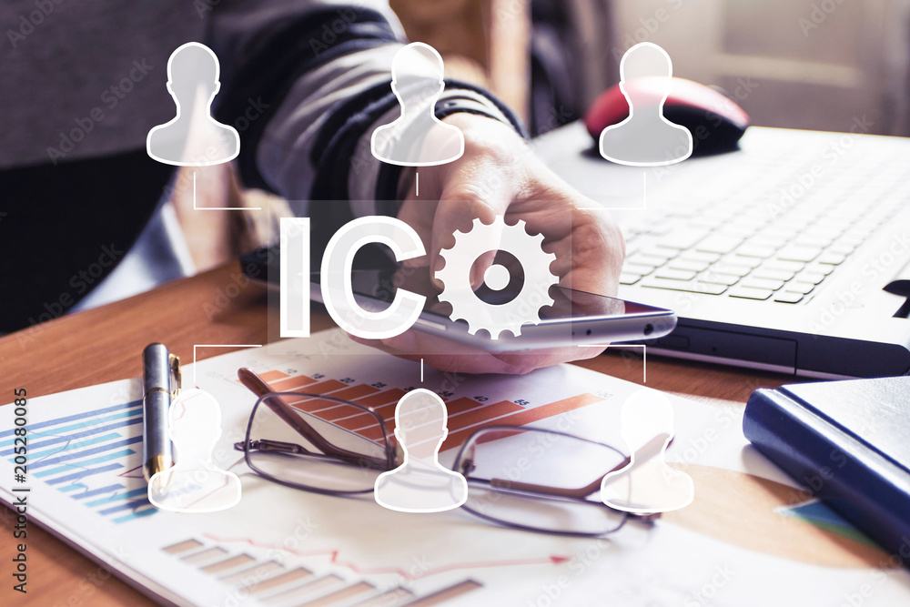 Poster businessman presses button ico initial coin offering on phone virtual digital electronic user interf
