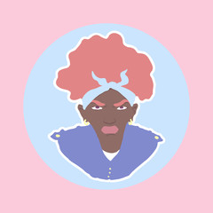 Hand drawn african american guy with pink afro haicut wearing bandana and blue jeans jacket. Vector isolated illustration on a pink background.