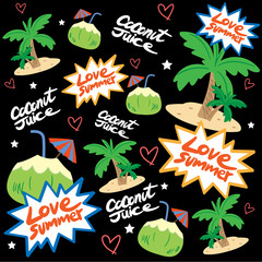 Fruit in Summer , coconut and coconut tree in beach pattern, love summer ,Vector illustration on black background