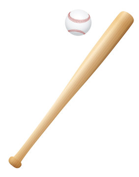 Baseball bat with ball. Wooden textured isolated vector illustration on white background.