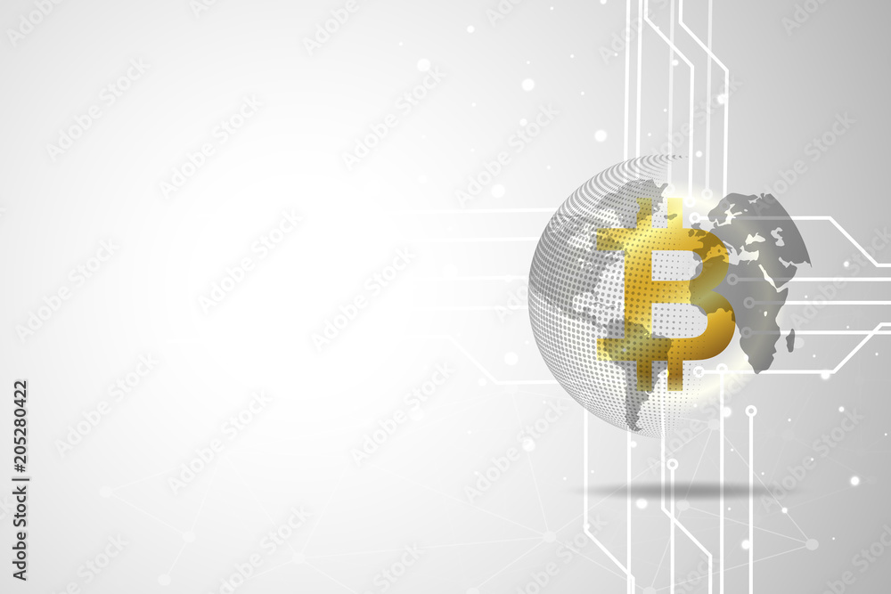 Wall mural golden bitcoin digital currency and world global and technology network circle point and line compos