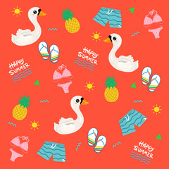 Swan inflatable ring with Summer objects theme , Summer pattern, Vector illustration