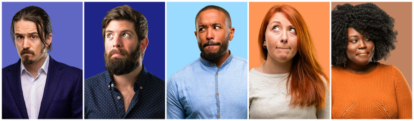 Group of cool people, woman and man doubt expression, confuse and wonder concept, uncertain future