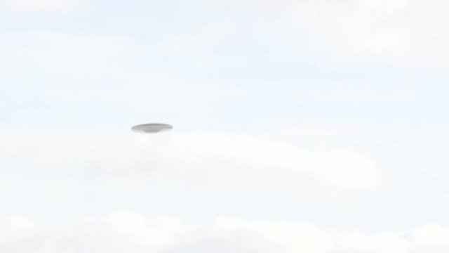 UFO sighting, Flying saucer hovering over a town, metallic reflective aircraft rotating and moving, realistic reconstruction of real UFO sighting, clear fall day with white clouds.