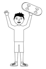 young man happy raised arms with skateboard vector illustration