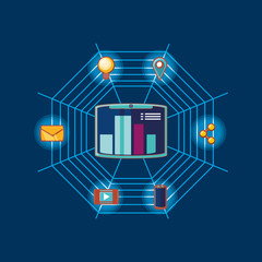 Fototapeta premium network with tablet device and social media related icons over blue background, colorful design. vector illustration