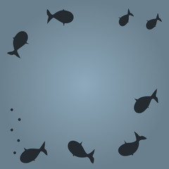 Square background with silhouettes of abstract fish.