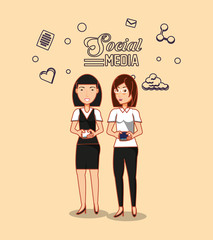 cartoon women with social media related icons over orange background, colorful design. vector illustration