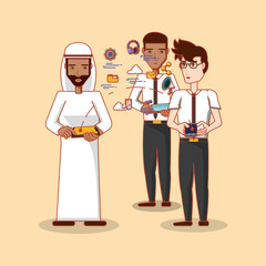 cartoon people standing with social media related icons over yellow background, colorful design. vector illustration