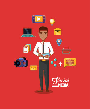 cartoon businessman standing with social media related icons over red background, colorful design. vector illustration