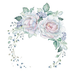 Watercolor Floral Wreath with White Roses