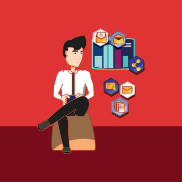 cartoon man sitting with social media related icons over red background, colorful design. vector illustration