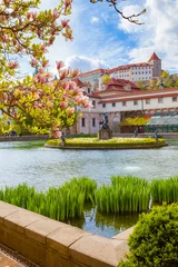Ingelijste posters Wallenstein garden with a pond and a fountain, the most impressive in Prague. Spring time with blooming magnolia. © yegorov_nick