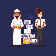 cartoon men with social media related icons over blue background, colorful design. vector illustration