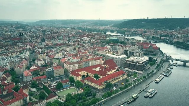 Aerial shot of the city of Prague involving Vltava riverbank, the Czech Republic