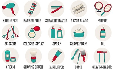 Set of barbershop equipment icons with text. Barbershop collection with with barber pole, straight razor, razor blade,cologne spray,hairclipper,shaving brush,comb,mirror,spray,comb,hairdryer. 