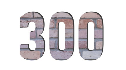 300 Number. Decorative red brick wall texture. English style. White isolated