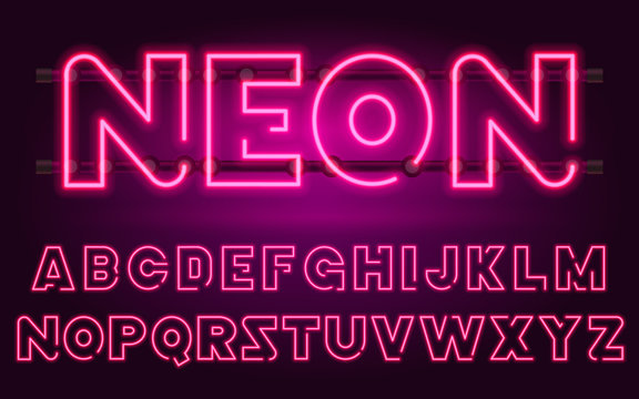 80 s purple neon retro font. Futuristic chrome letters. Bright Alphabet on dark background. Light Symbols Sign for night show in club. concept of galaxy space. Set of types. Outlined version.