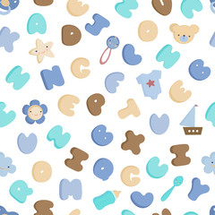 Cute Baby boy Alphabet and elements Vector seamless pattern